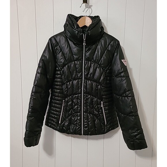 Guess Jacket Womens Medium Black Puffer Quilted Stand Collar Full Zip Pockets - Picture 1 of 11